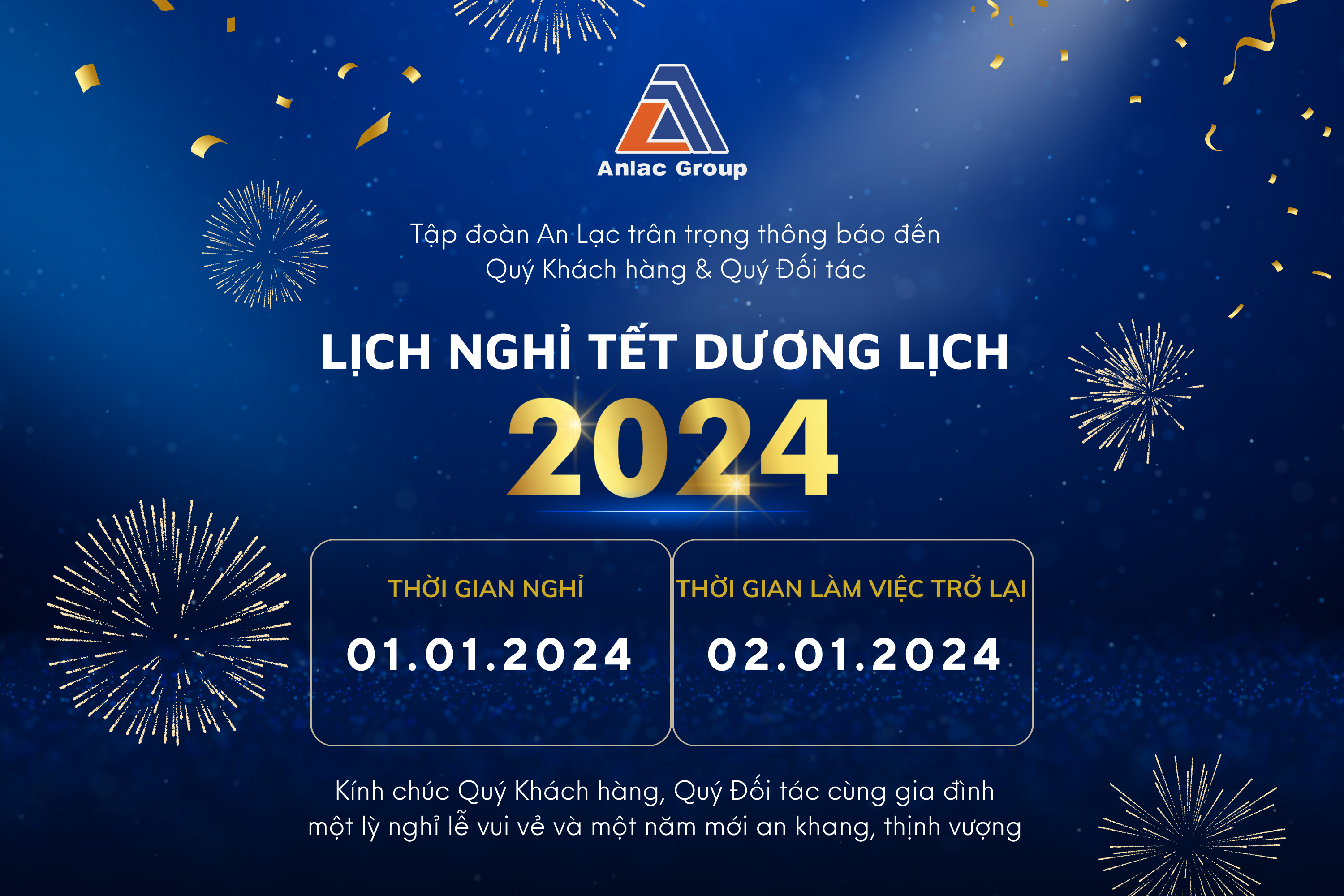 TẬP ĐOÀN AN LẠC THÔNG BÁO LỊCH NGHỈ TẾT DƯƠNG LỊCH 2024